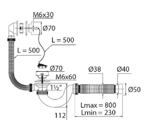 Сифон МИНИ Элит для ванн с нерж. чашкой Ø70 гофротрубой L800 1½ х40/50 VIRPLAST