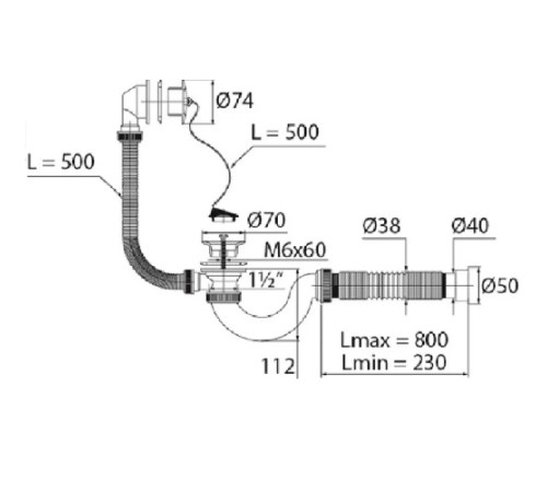 Сифон МИНИ Элит для ванн с нерж. чашкой Ø70 гофротрубой L800 1½ х40/50 VIRPLAST