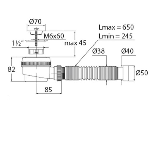 Сифон Элит для душ. поддона с нерж.чашкой Ø70мм и гофротрубой L650мм 11/2 х40/50 VIRPLAST