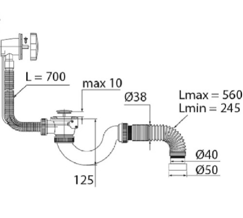 Сифон МИНИ Элит для ванн полуавтомат. и гофротрубой L800 1½ х 40/50 VIRPLAST